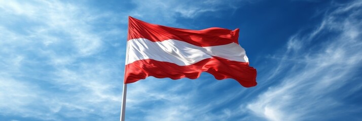 An Austrian flag proudly flies in the wind, with a backdrop of a clear blue sky and white clouds. The image symbolizes patriotism, national pride, and the beauty of nature.