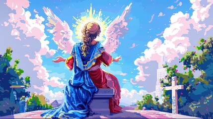 Wall Mural - Christian religious background in colorful pixel-art style.