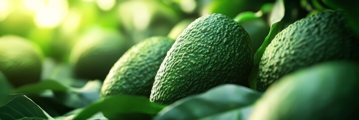 Closeup of green avocados growing on a tree branch, symbolizing healthy eating, organic produce, natural beauty, vibrant life, and fresh food.