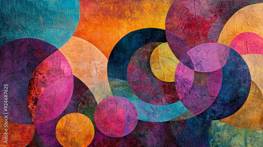 This abstract artwork features a vibrant mix of colorful circles and ...