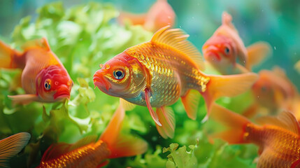 Colorful goldfish swim playfully among greenery in a bright aquarium setting