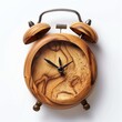 © Tee - Wooden vintage alarm clock with natural finish, showcasing intricate wood grain details and rustic aesthetic on a white background.