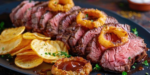 Sticker - Close up of sliced roast beef with fried onion rings and potato chips served with brown sauce