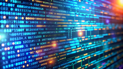 Close-up of a bright digital screen with current binary code. Binary numbers made up of digits are the focus and blur towards the edges, creating a sense of depth and movement