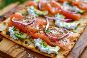 Smoked salmon flatbread with dill and capers on wooden board