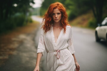 Wall Mural - A woman in a white dress is walking down a road