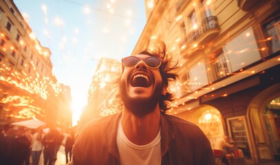 Wall Mural - A man with a big smile on his face is standing in a city street