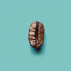 Close-up of a single coffee bean on a turquoise background, highlighting its texture and color.