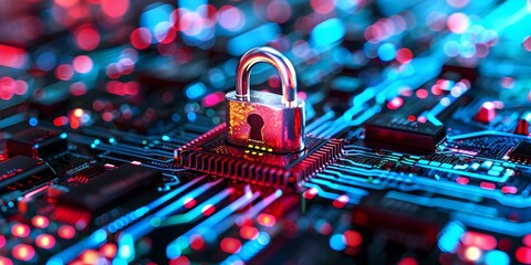 Cybersecurity concept with padlock on circuit board.