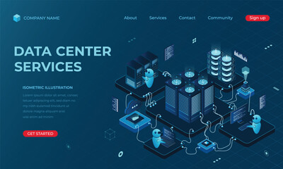 Wall Mural - isometric data center landing page concept. networking, database, cloud storage. digital technology 