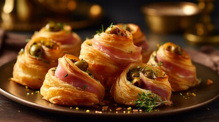 Golden puff pastry rolls filled with ham and olives, garnished with fresh herbs, arranged on a plate