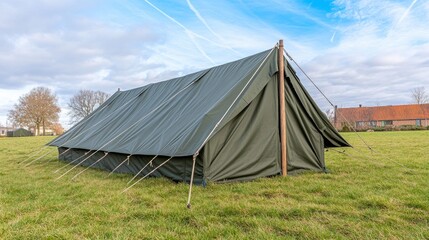 Vintage military camp with green army tents in a grassy field during World War II reenactment