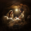 © Светлана Воротняк - The Holy family with Christ in the cave. Joseph with Mary and Jesus Christ. Christian Religious Christmas Illustration