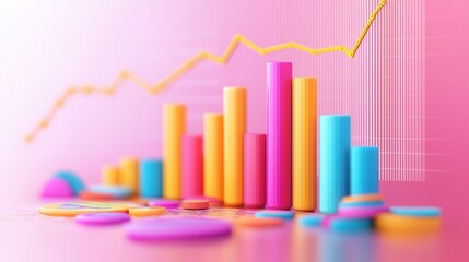 Poster - Colorful Bar Graph with Rising Yellow Line on Pink Background.