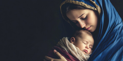 Wall Mural - Virgin Mary with newborn Jesus, Christmas background with space for text. Christian religious banner