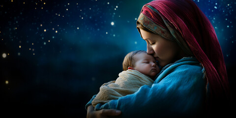 Wall Mural - Virgin Mary with newborn Jesus, Christmas background with space for text. Christian religious banner