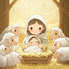 Wall Mural - Nativity Scene: Mary and Jesus Christ in a Manger, Lambs Around. Christian Religious Christmas Illustration