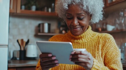 Woman Reading a Tablet in the Kitchen