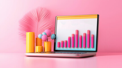 Canvas Print - Laptop with Graph on Pink Background.