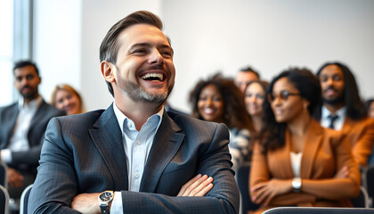 Wall Mural - Businessman laughing during a seminar with diverse group of people isolated with white highlights, png