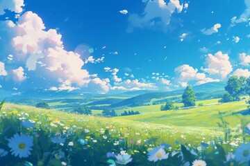 Beautiful cartoon landscape of a green meadow with daisies and blue sky, with puffy clouds. Perfect for use as wallpaper or background for a website or social media.