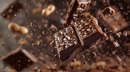 Chocolate bar wafer falling with choc flake in the air isolated on background, peanut crispy snack, dessert sweet concept, piece of dark chocolate. .