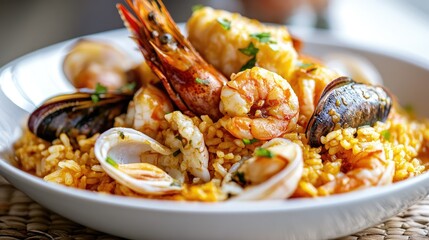 Portuguese arroz de marisco with seafood and rice in a white bowl.