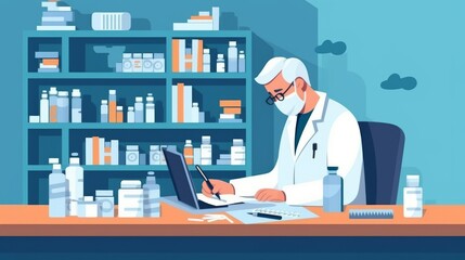 A man in a white lab coat is sitting at a desk with a laptop and writing