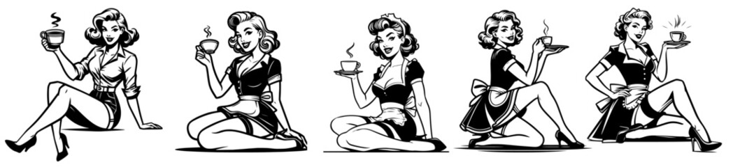 pinup girl drink coffee, black vector illustration, pin-up woman silhouette character