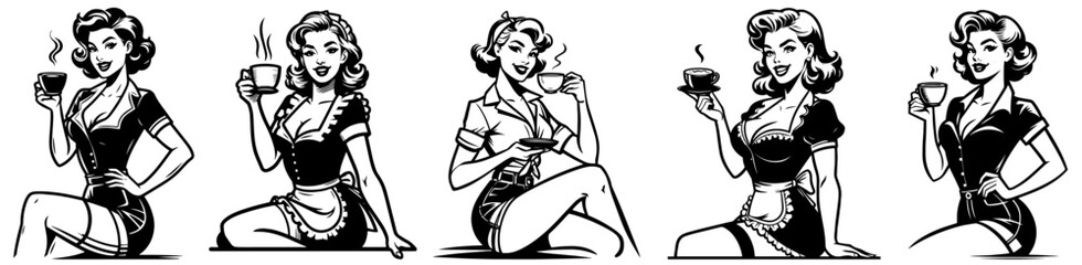 pinup girl drink coffee, black vector illustration, pin-up woman silhouette character