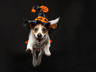 Smile dog wears ghost costume, isolated on black background.