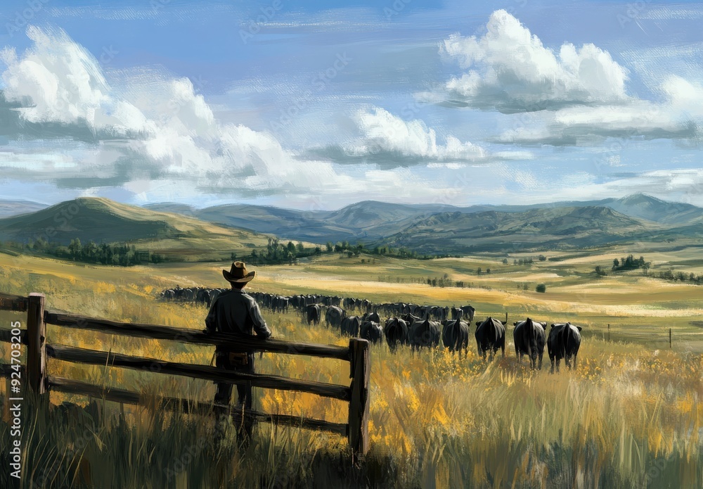oil painting and water painting of the a livestock view and big man in ...