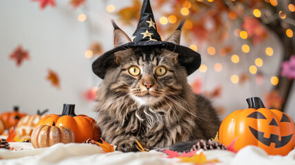 Wall Mural - Maine Coon Cat Dressed As A Witch For Halloween