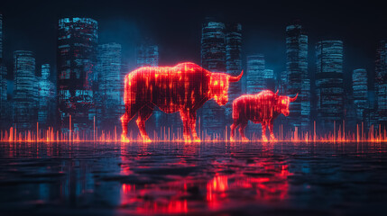 Wall Mural - Two bulls are walking through a city with tall buildings in the background