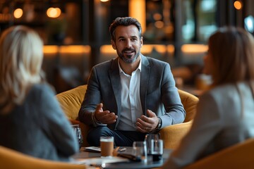 A confident businessman leads a discussion with two colleagues in a stylish lounge setting, showcasing professionalism and collaboration.  