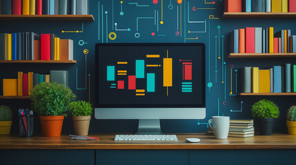 Wall Mural - e-learning education concept with video tutorials, webinars, and internet lessons, illustrating the 
