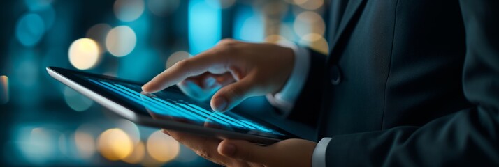 A close-up view of hands navigating a tablet device with a blue screen, suggesting digital technology usage in a professional environment.