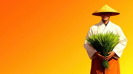 Wall Mural - A serene farmer in traditional attire holds freshly harvested rice, set against a vibrant orange sunset backdrop.