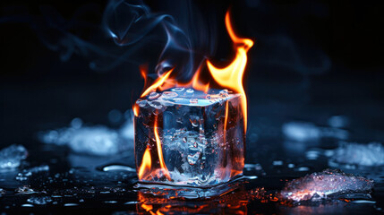 Burning Ice Cube On Black Surface