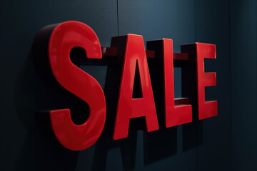 big three dimensional red letters spelling the word sale are hanging on a dark blue wall