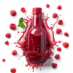 Canvas Print - Raspberry juice bottle placed with floating raspberry splash