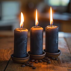 Canvas Print - burning black candles on wooden table