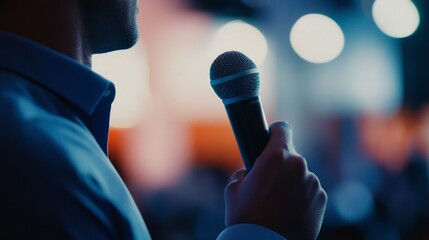 Wall Mural - Close-up of a Hand Holding a Microphone on Stage