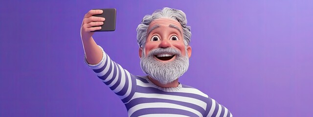 3D Cartoon of a cheerful retired man with a gray beard in a striped shirt taking a selfie smiling against a purple background