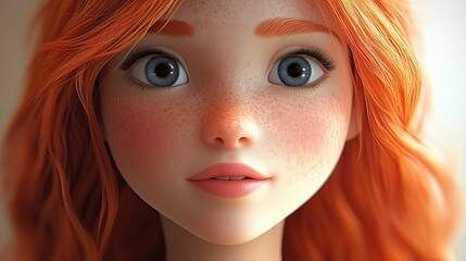 Close up 3D cartoon portrait of a gentle young redhead girl