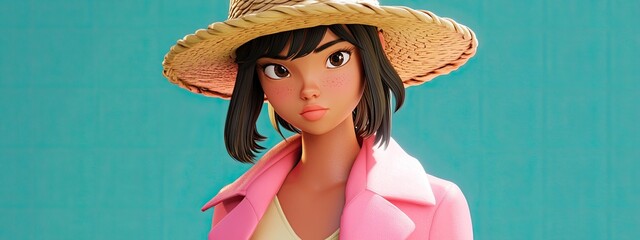 3D cartoon character wearing a straw hat and a pink jacket