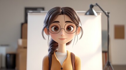 A 3D cartoon of a teenage girl in a studio with a white backdrop