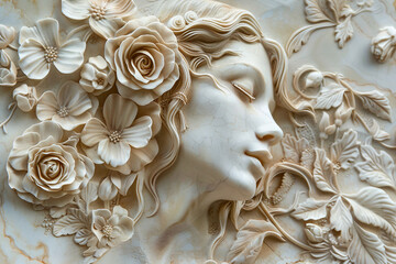 Wall Mural - Marble bust of a woman with flowers around her neoclassicism sculpture generative ai