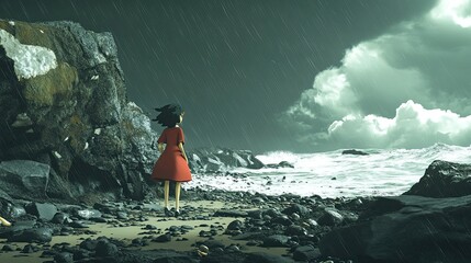 A 3D cartoon girl strolling on a rocky beach in a storm