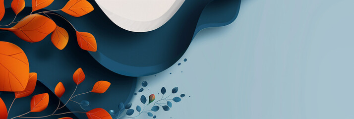 Wall Mural - Autumn modern trendy template. Orange, blue colors. Clear minimalistic design. Place for text graphics concept design. poster invitation flyer banner email header. Horizontal. Generative Ai content